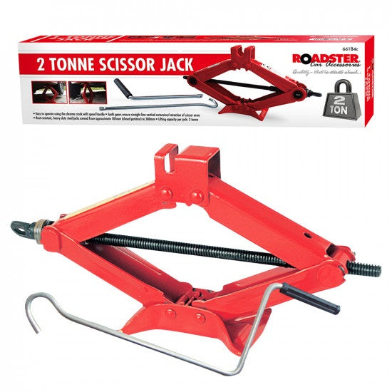 Roadster 2 Tonne Scissor Jack Red 66184C | With Chromed Crank | Heavy Duty Car Jack with Speed Handle | Lifting Range 105mm to 380mm | Rust-Resistant Steel | Emergency Vehicle Repair Tool | Tooth Gear Ensure Straight-Line Vertical Extension-Retraction of Scissor Arms