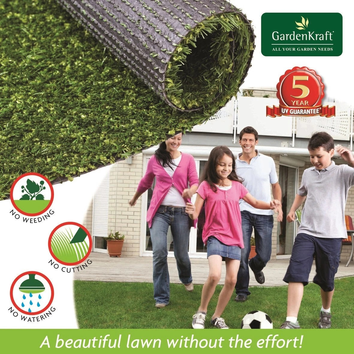 GardenKraft Artificial Grass Roll Dark Green 4Mtr x 1Mtr 26079 | 15mm Pile | UV Protected | Realistic Soft Texture | No Watering | No Cutting | No Weeding | Lush Green Lawn All Year Round | Mix of Emerald Green-Lime and Bi-colour | A Perfect Deep Grass