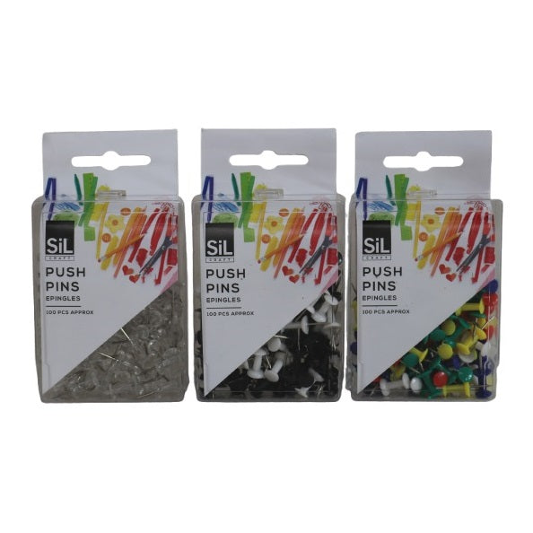SiL Craft Push Pins Assorted Colours Pack of 100 53g ST4984A | Ideal for Notice Boards-Maps-Crafts and Office Use