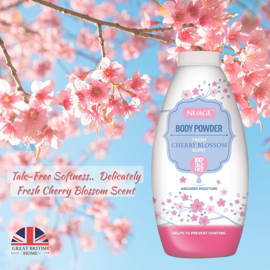 Nuage Talc-Free Body Powder Multicoloured 250g NUA1235 | Cherry Blossom Scent | Moisture Absorbing and Anti-Chafing | Gentle Skin Care Powder