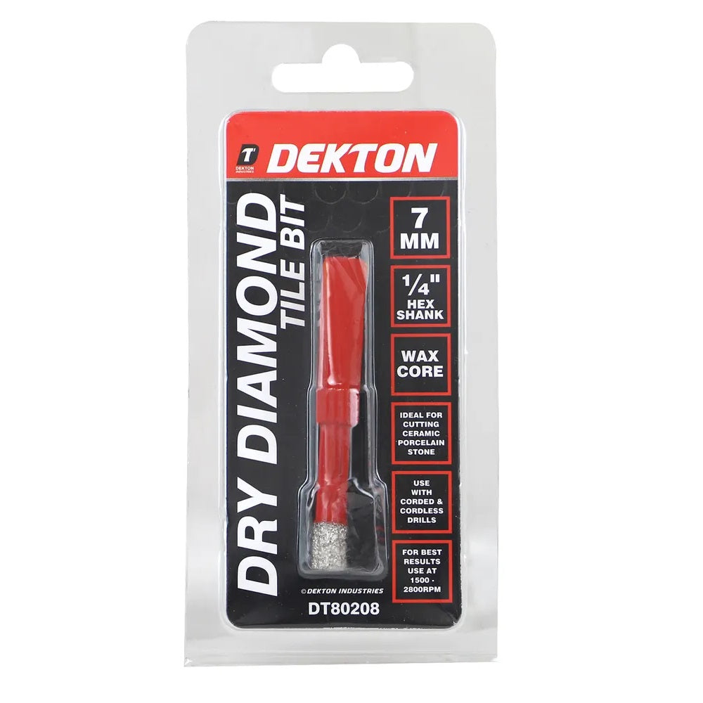 Dekton Dry Diamond Tile Bit Red and Silver 7mm DT80208 | 1-4-Inch Hex Shank | Wax Core | Ideal for Cutting Ceramic Porcelain Stone | Use with Corded and Cordless Drills | For Best Results Use at 1500-2800 RPM | High Grade Hardened Steel