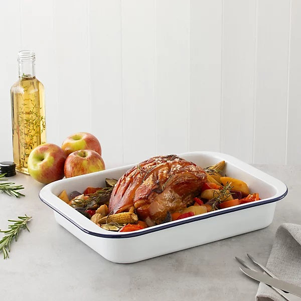 Hairy Bikers Rectangular Enamelled Roaster White Medium 35cm x 24.7cm x 5.5cm BKW1633 | Oven Safe | Durable Non-Stick Roasting Tray | Ideal for Everyday Cooking and Roasting | Not Microwave Safe | PFAS Free