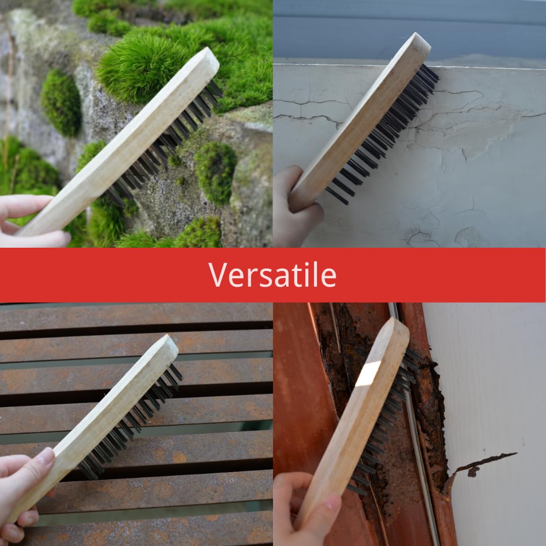 Green Jem Hand Wire Brush with Stainless Steel Bristles Brown Pack of 3 HTSBWX3 | Curved and Durable Wooden Handles | Heavy Duty Cleaning Brushes | Ideal for Rust-Paint and Grime Removal | Multi-Surface Scrubbing Tool | For Home-Garage and Workshop Use | For Cleaning BBQ Grills