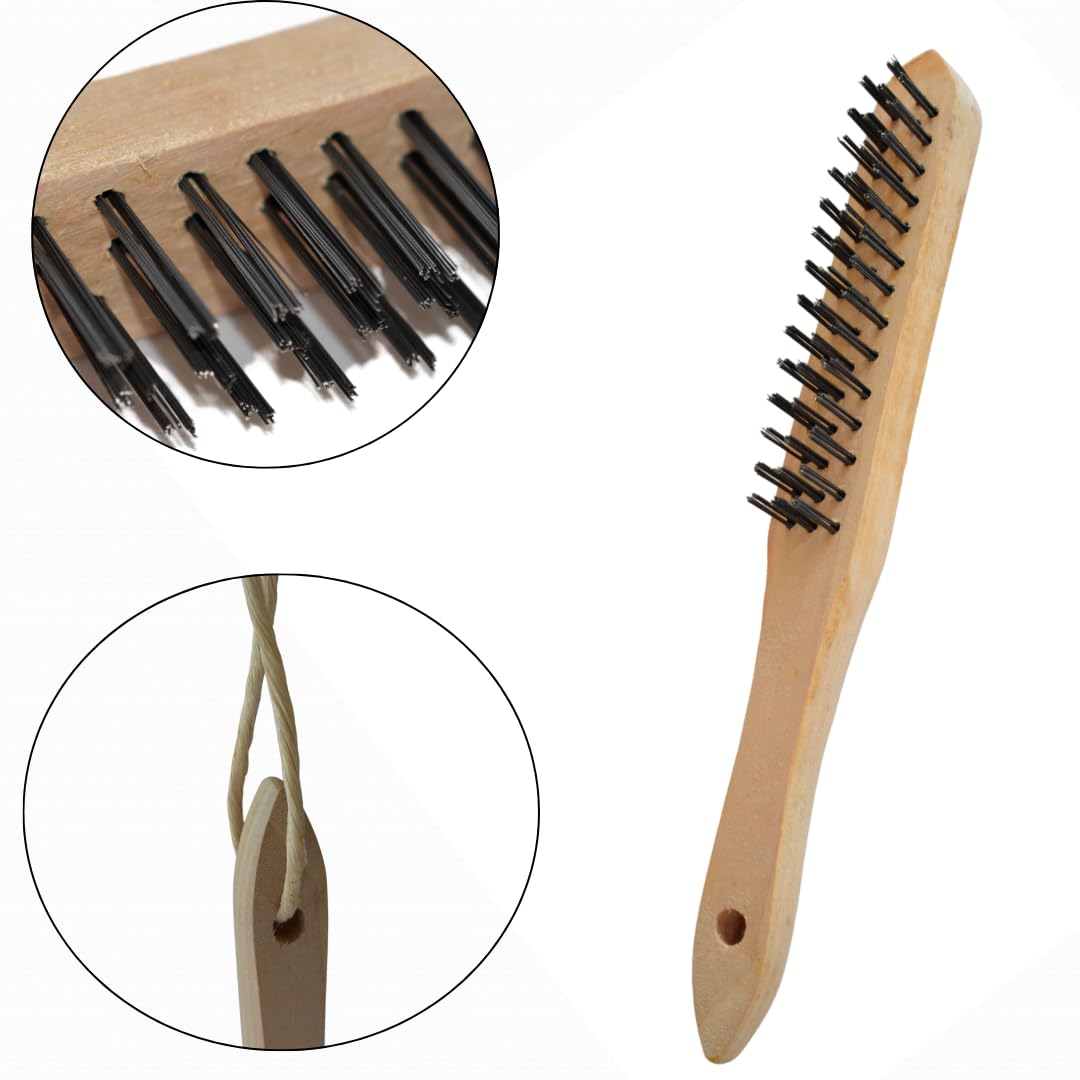 Green Jem Hand Wire Brush with Stainless Steel Bristles Brown Pack of 3 HTSBWX3 | Curved and Durable Wooden Handles | Heavy Duty Cleaning Brushes | Ideal for Rust-Paint and Grime Removal | Multi-Surface Scrubbing Tool | For Home-Garage and Workshop Use