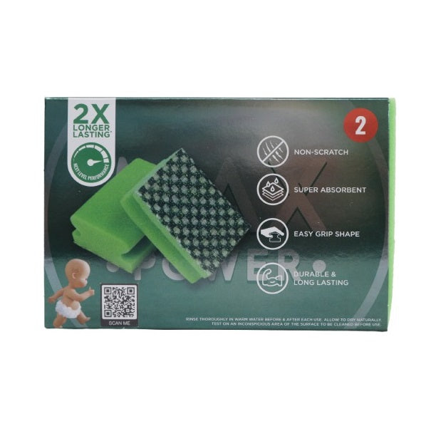 Fairy Max Power Non-Scratch Sponge Scourer Green Pack of 2 519858 | 2X Longer Lasting | Super Absorbent | Easy Grip Shape | Durable and Long Lasting