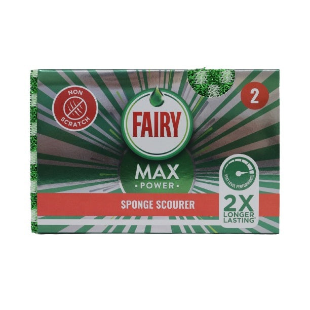 Fairy Max Power Non-Scratch Sponge Scourer Green Pack of 2 519858 | 2X Longer Lasting | Super Absorbent | Easy Grip Shape | Durable and Long Lasting