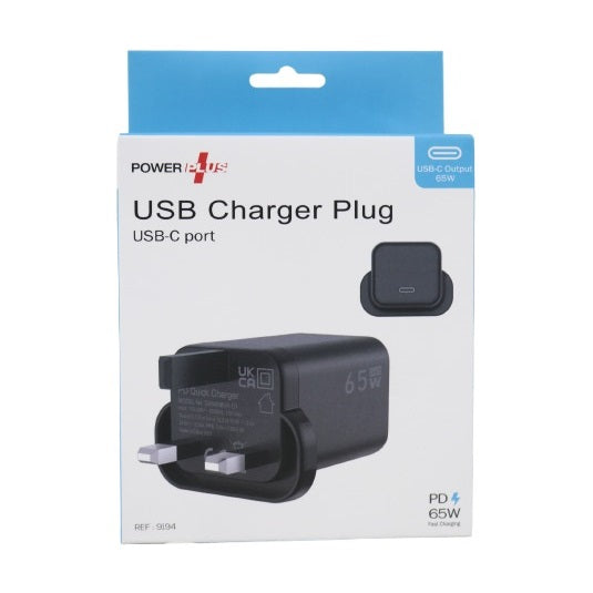 Power Plus USB-C Charger Plug Black 9194 | 65W | PD Fast Charging Adapter | For Laptops-Tablets-Cameras and Smartphones | Compact UK 3-Pin Wall Charger | USB Type-C Port