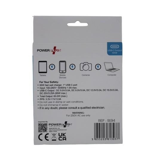 Power Plus USB-C Charger Plug Black 9194 | 65W | PD Fast Charging Adapter | For Laptops-Tablets-Cameras and Smartphones | Compact UK 3-Pin Wall Charger | USB Type-C Port