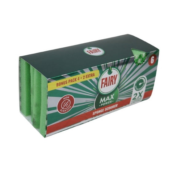 Fairy Max Power Non-Scratch Sponge Scourer Green Pack of 6 519859 | 2X Longer Lasting | Super Absorbent | Easy Grip Shape | Durable and Long Lasting