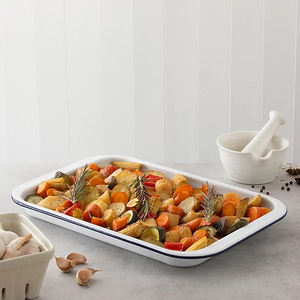 The Hairy Bikers Rectangular Enamelled Oven Tray White Large 36cm BKW1631 | Oven Safe | Dishwasher Safe | Durable and PFAS Free Design | Not Microwave Safe
