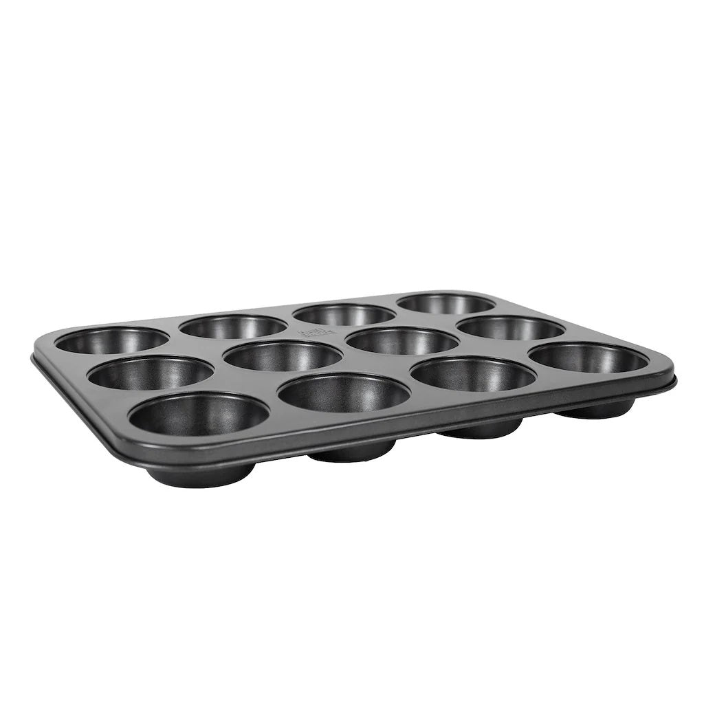 The Hairy Bikers Non-Stick 12 Cup Muffin Pan Black 35cm x 26.6cm x 3.2cm BKW1681 | 0.8mm Thickness | Oven-Dishwasher and Freezer Safe | PFOA Free