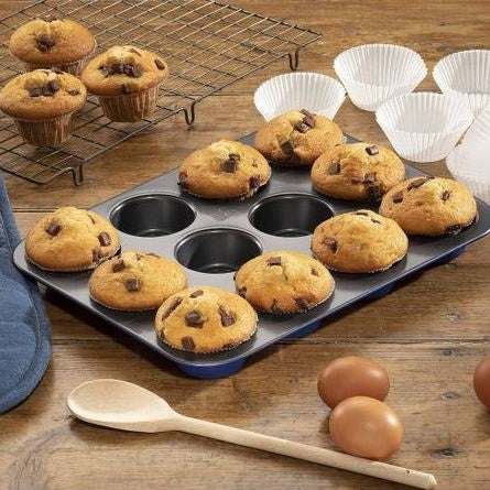 The Hairy Bikers Non-Stick 12 Cup Muffin Pan Black 35cm x 26.6cm x 3.2cm BKW1681 | 0.8mm Thickness | Oven-Dishwasher and Freezer Safe | PFOA Free