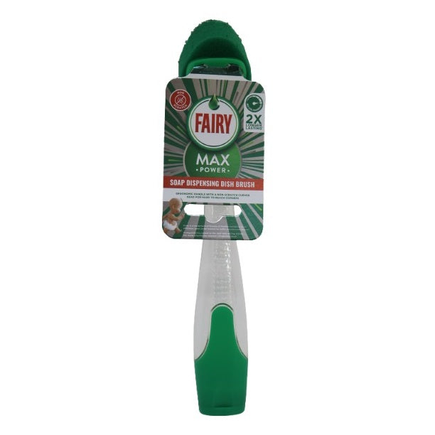 Fairy Max Power Soap Dispensing Dish Brush Green 519860 | Non-Scratch Curved Head | For Hard to Reach Corners | Ergonomic Handle | 2X Longer Lasting Cleaning Tool | Next Level Performance