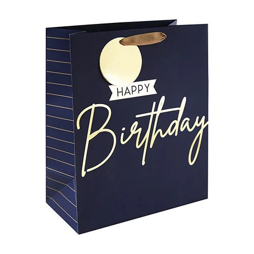 Clairefontaine Eurowrap Happy Birthday Gift Bag Navy Blue Medium 215mm x 253mm x 102mm Pack of 6 35401-3C | With Gold Foil Tag and Ribbon Handles | Premium Gloss Finish | Perfect for Birthday Presents and Celebrations