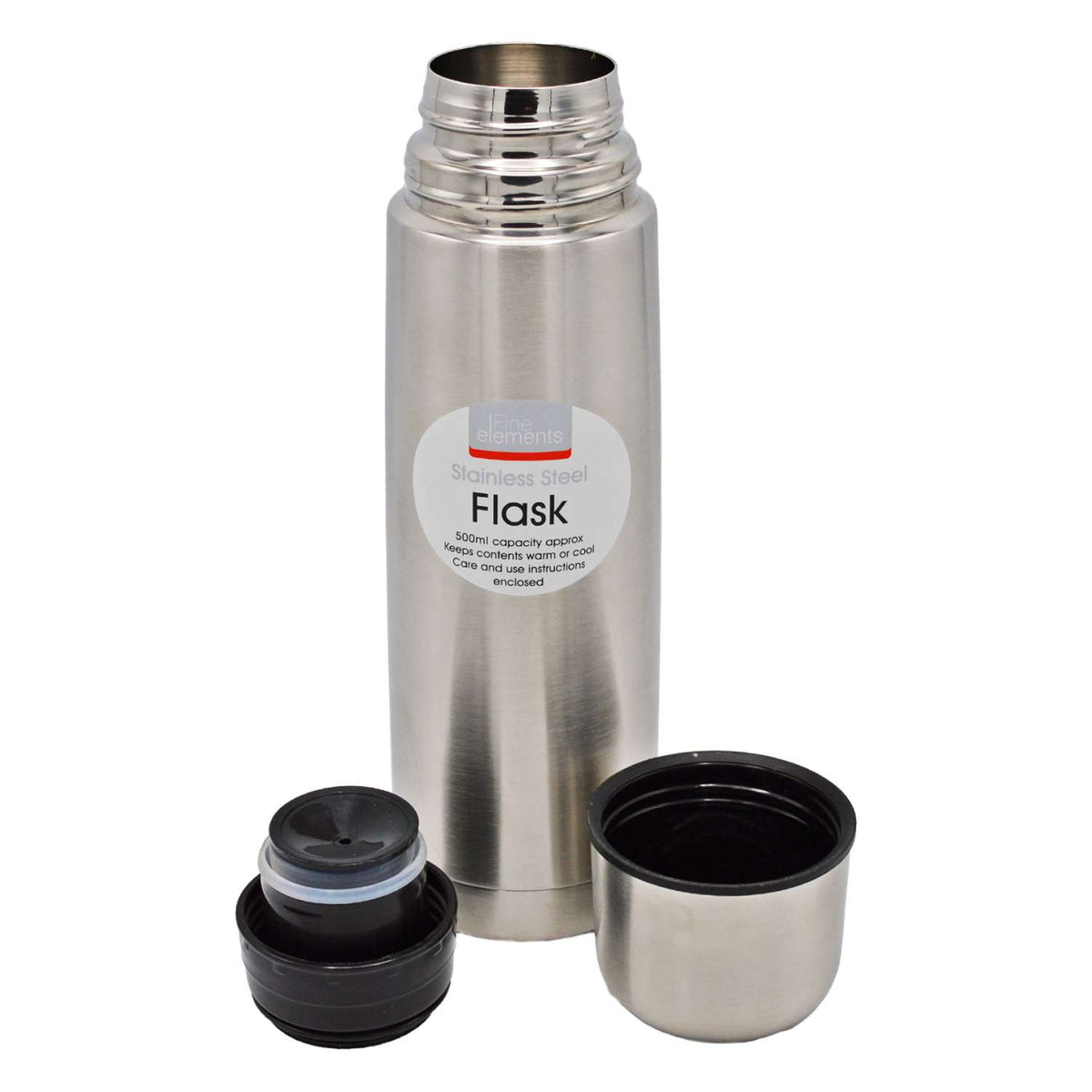 Fine Elements Stainless Steel Vacuum Flask Chrome 500ml KF1007 | Insulated Travel Thermos Bottle | Keeps Drinks Hot or Cold | Leakproof and Durable Design