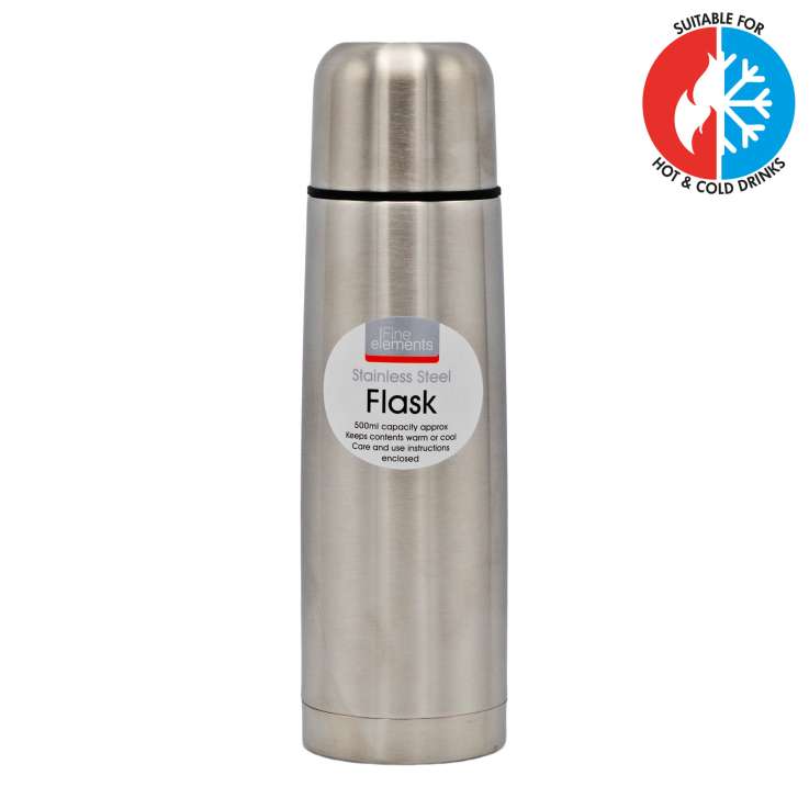 Fine Elements Stainless Steel Vacuum Flask Chrome 500ml KF1007 | Insulated Travel Thermos Bottle | Keeps Drinks Hot or Cold | Leakproof and Durable Design