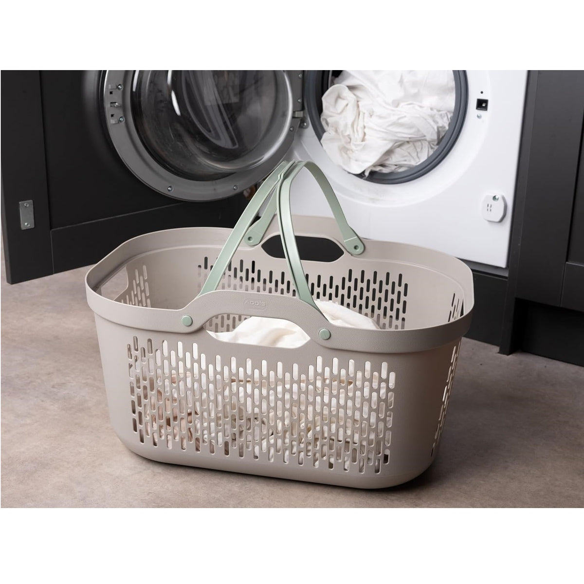 Addis Signature Laundry Basket with Carry Handles Mushroom and Sage 519827 45Ltr W55cm x D39.5cm x H30.5-40cm 519561 | New Modern Design | Made from Durable Material | Handles for Convenient One-Hand Carrying