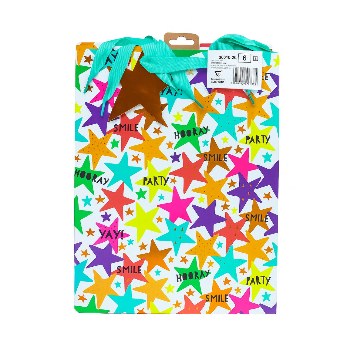 Eurowrap Text Stars Gift Bag Multicolour Large W265mm x H330mm x 140mm Pack of 6 35510-2C