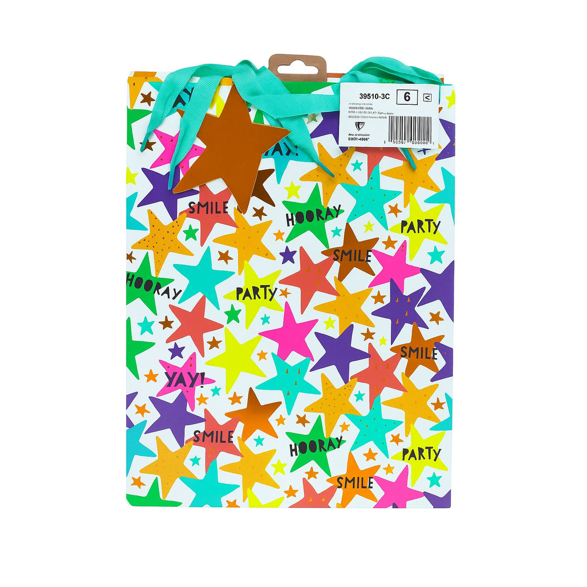 Eurowrap Text Stars Gift Bag Multicolour Medium W215mm x H253mm x 102mm Pack of 6 35510-3C