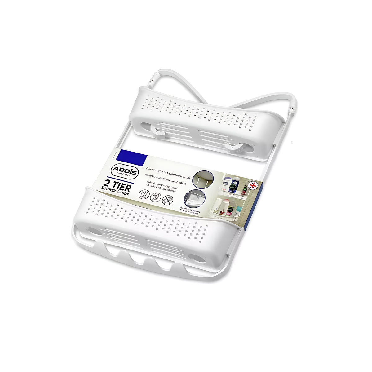 Addis 2 Tier Shower Caddy White H73cm x W32cm x D11cm 519812 | Convenient | Features Built in Drainage Holes | 100 Percent Plastic - Resistant to Rust and Corrosion | Robust | Easy Clean | Suction Cups and Hooks for Easy Installation