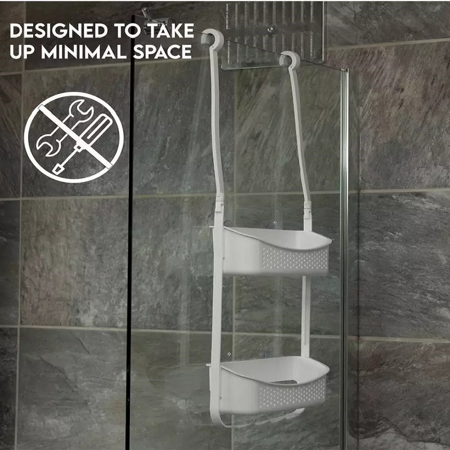 Addis 2 Tier Shower Caddy White H73cm x W32cm x D11cm 519812 | Convenient | Features Built in Drainage Holes | 100 Percent Plastic - Resistant to Rust and Corrosion | Robust | Easy Clean | Suction Cups and Hooks for Easy Installation