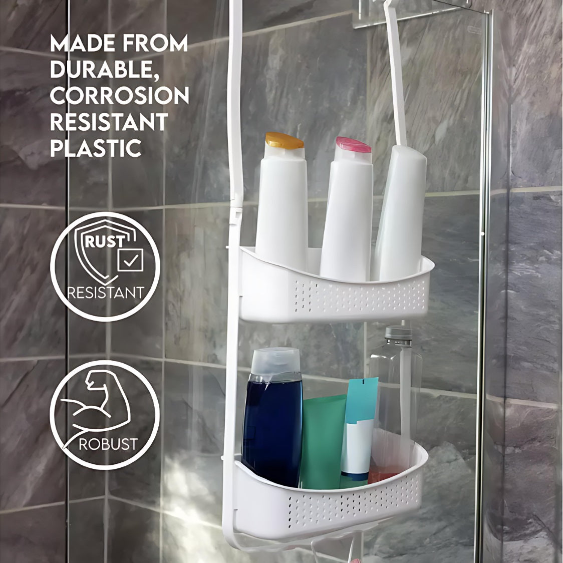 Addis 2 Tier Shower Caddy White H73cm x W32cm x D11cm 519812 | Convenient | Features Built in Drainage Holes | 100 Percent Plastic - Resistant to Rust and Corrosion | Robust | Easy Clean | Suction Cups and Hooks for Easy Installation