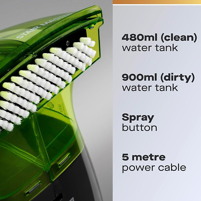 Daewoo Hurricane Stair Master Carpet and Upholstery Cleaner Black and Green FLR00161 | 500W Power | 480ml Clean Water Tank | 900ml Dirty Water Tank | Easy Clean and Empty | Easy Fill | 5Mtr Corded