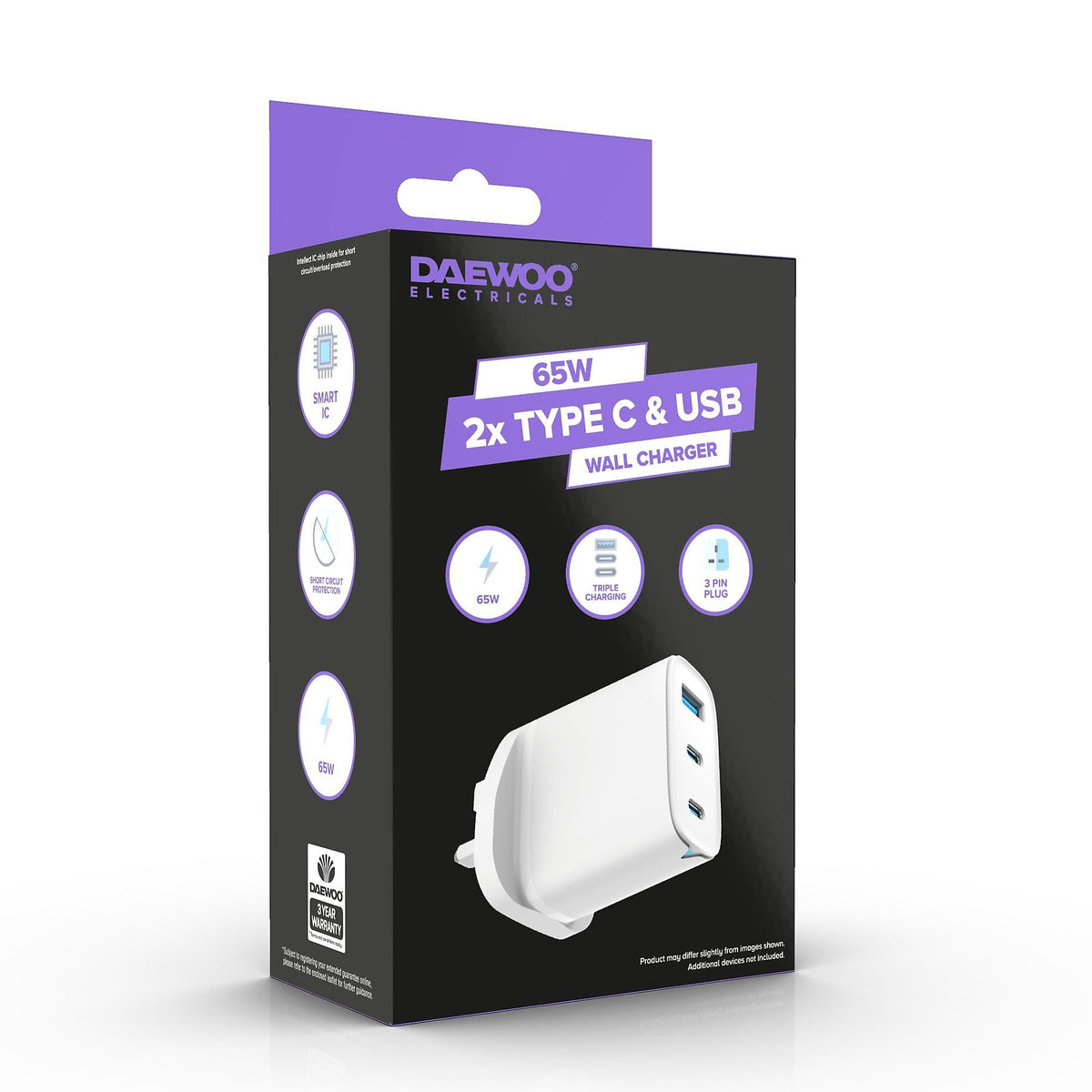 Daewoo 65W 2x Type C and USB Wall Charger White ELA1415 | Triple Charging | 3 Pin Plug | Smart IC | Short Circuit Protection