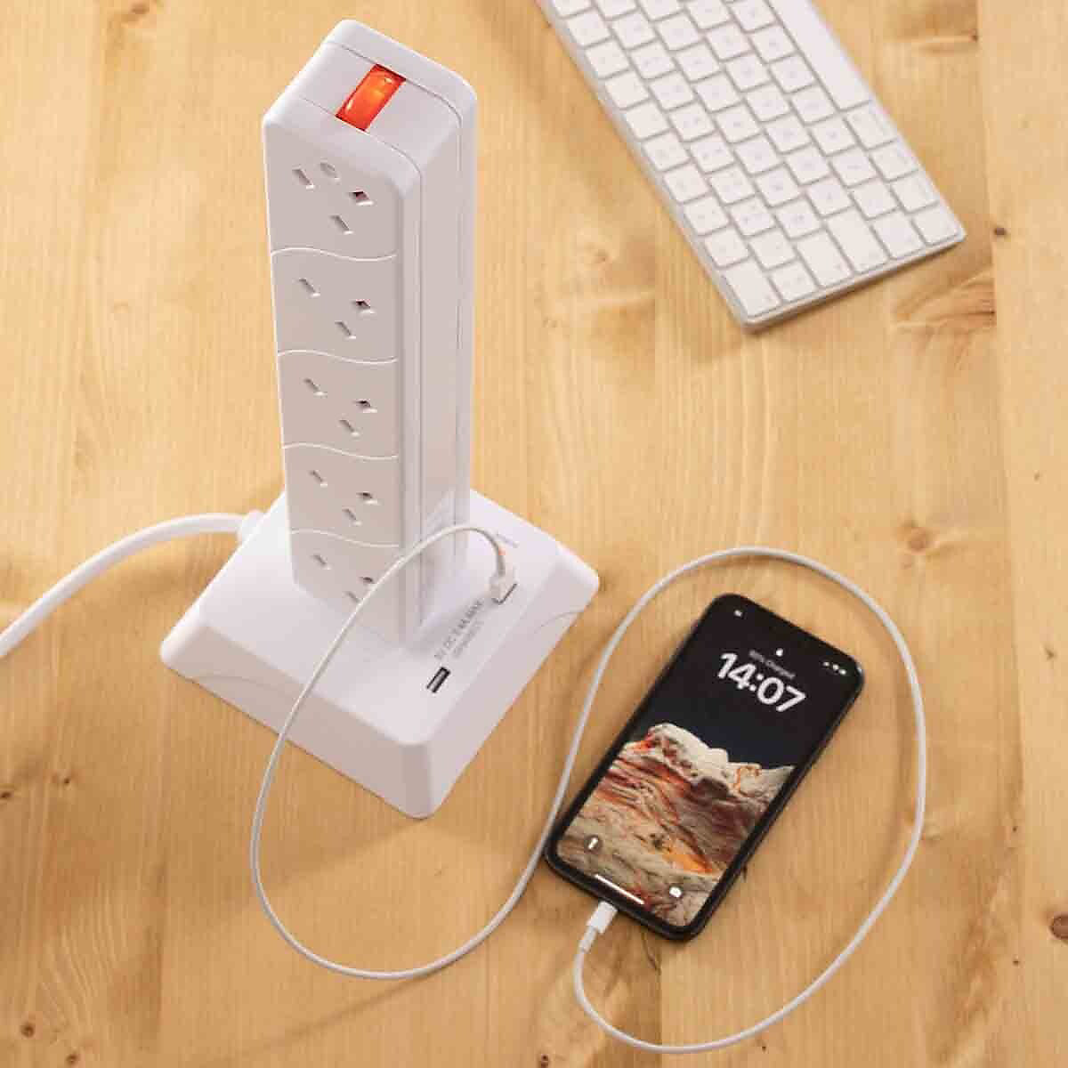 Daewoo 10 Way Tower with USB Ports White 2Mtr EXT1292 | Surge Protected | 2 USB Ports | 13 Amp Fuse | 10 Sockets