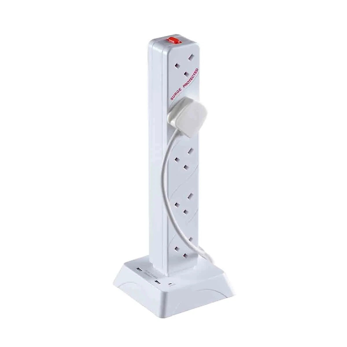 Daewoo 10 Way Tower with USB Ports White 2Mtr EXT1292 | Surge Protected | 2 USB Ports | 13 Amp Fuse | 10 Sockets