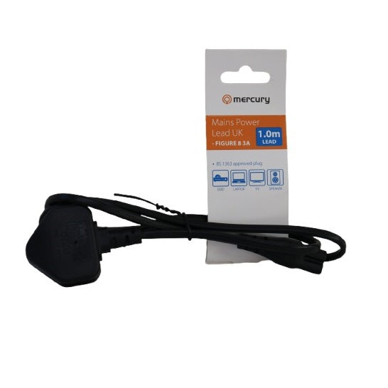 Mercury Mains Power UK Plug Figure 8 Lead Black 1Mtr 126g 114.033UK | 3A Fused Plug | Compatible with DVD-Laptop-TV and Speaker | BS 1363 Approved Plug