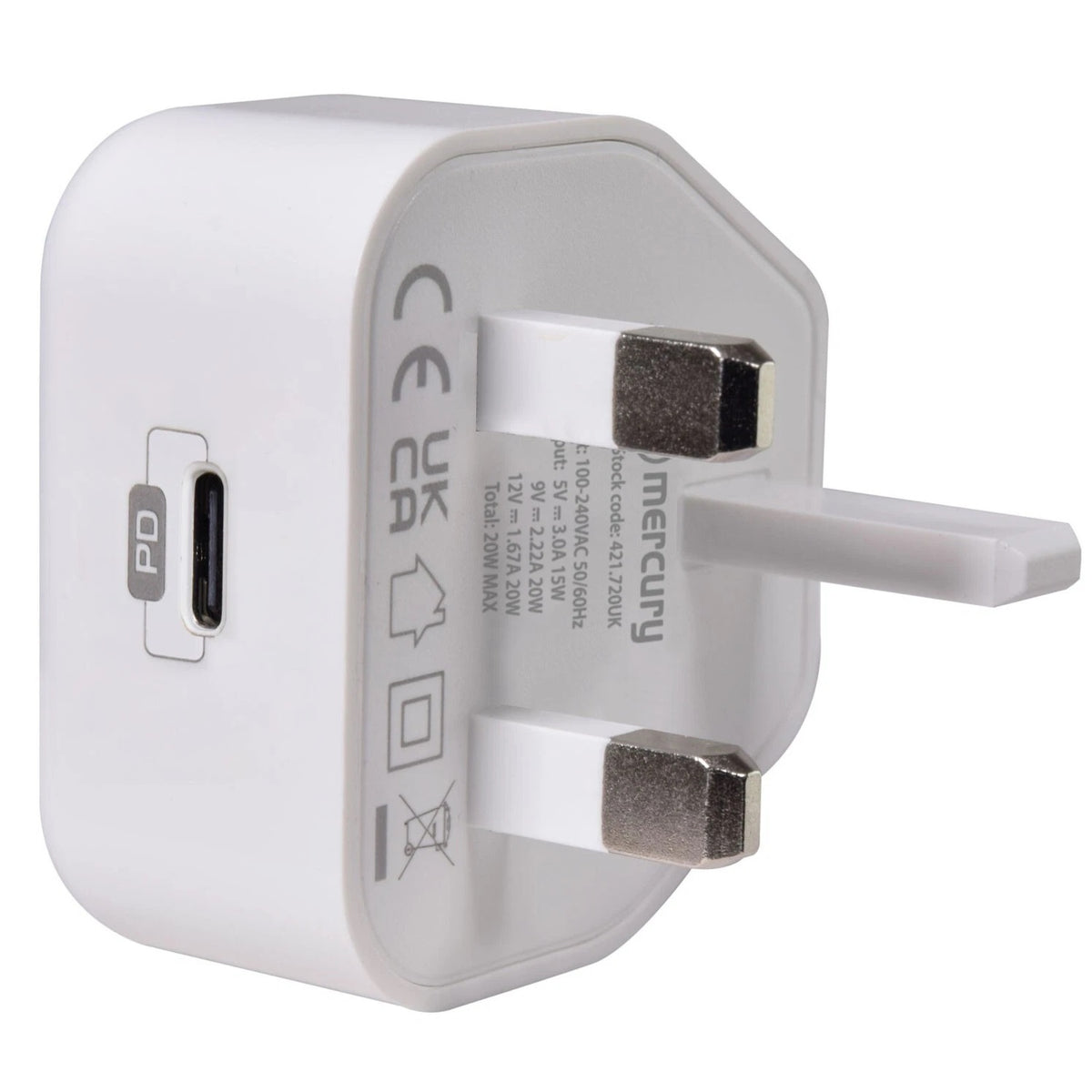 Mercury 20W Low Profile USB Type-C Charger White 421.720UK | Compact and Lightweight