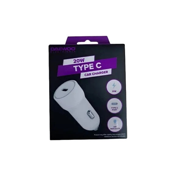 Daewoo 20W Type C Car Charger White ELA1412 | Type C Port | LED Indicator | Smart IC | Short Circuit Protection