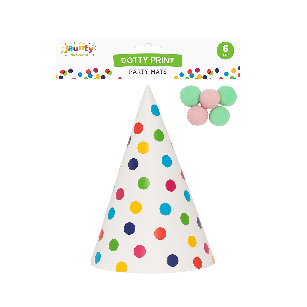 Jaunty Partyware Dotty Prints Party Hats with PomPom Multicolour Pack of 6 324156