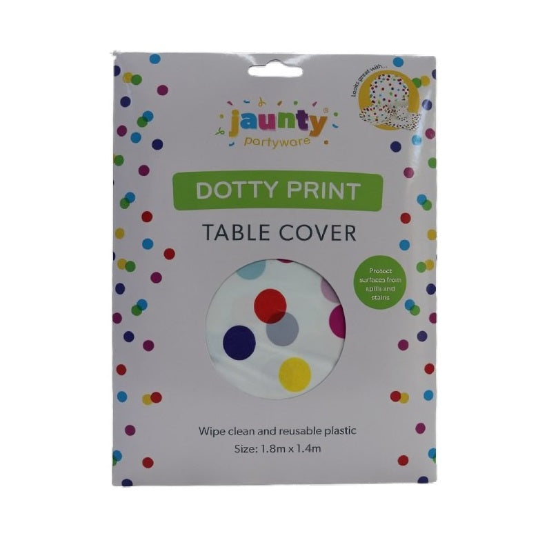 Jaunty Partyware Dotty Print PE Table Cover White 1.8Mtr x 1.4Mtr 324158 | Wipe Clean and Reusable Plastic | Protect Surfaces from Spills and Stains