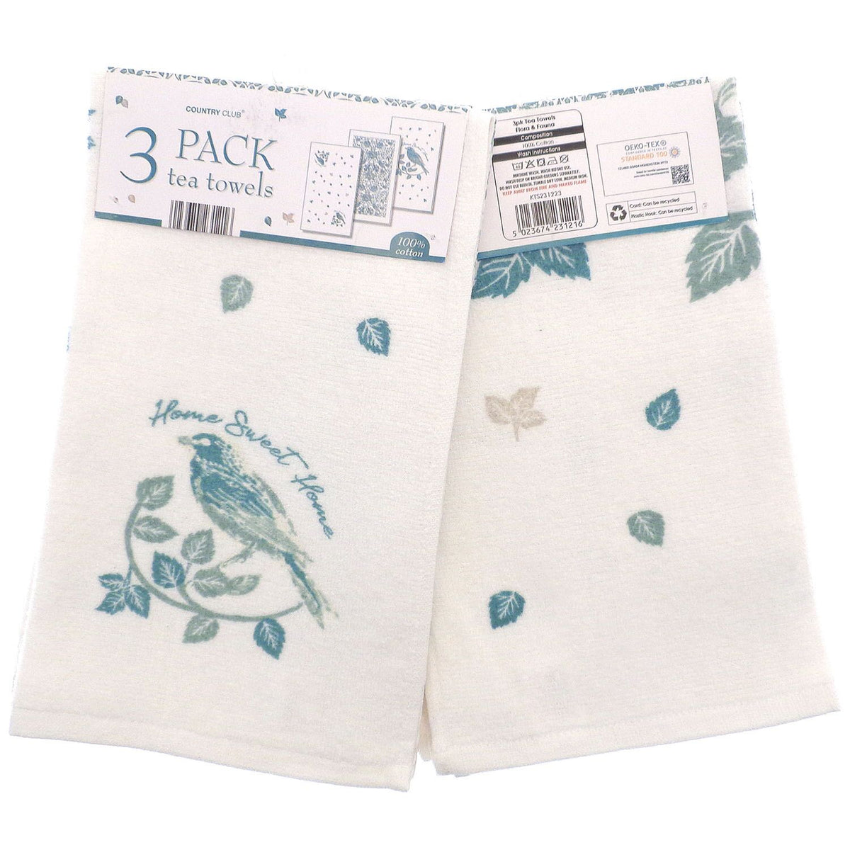 Country Club Flora and Fauna Tea Towels White Pack of 3 KTS231223 | 100 Percent Cotton | Home Sweet Home Bird Design | Absorbent and Durable | Ideal for Drying and Cleaning