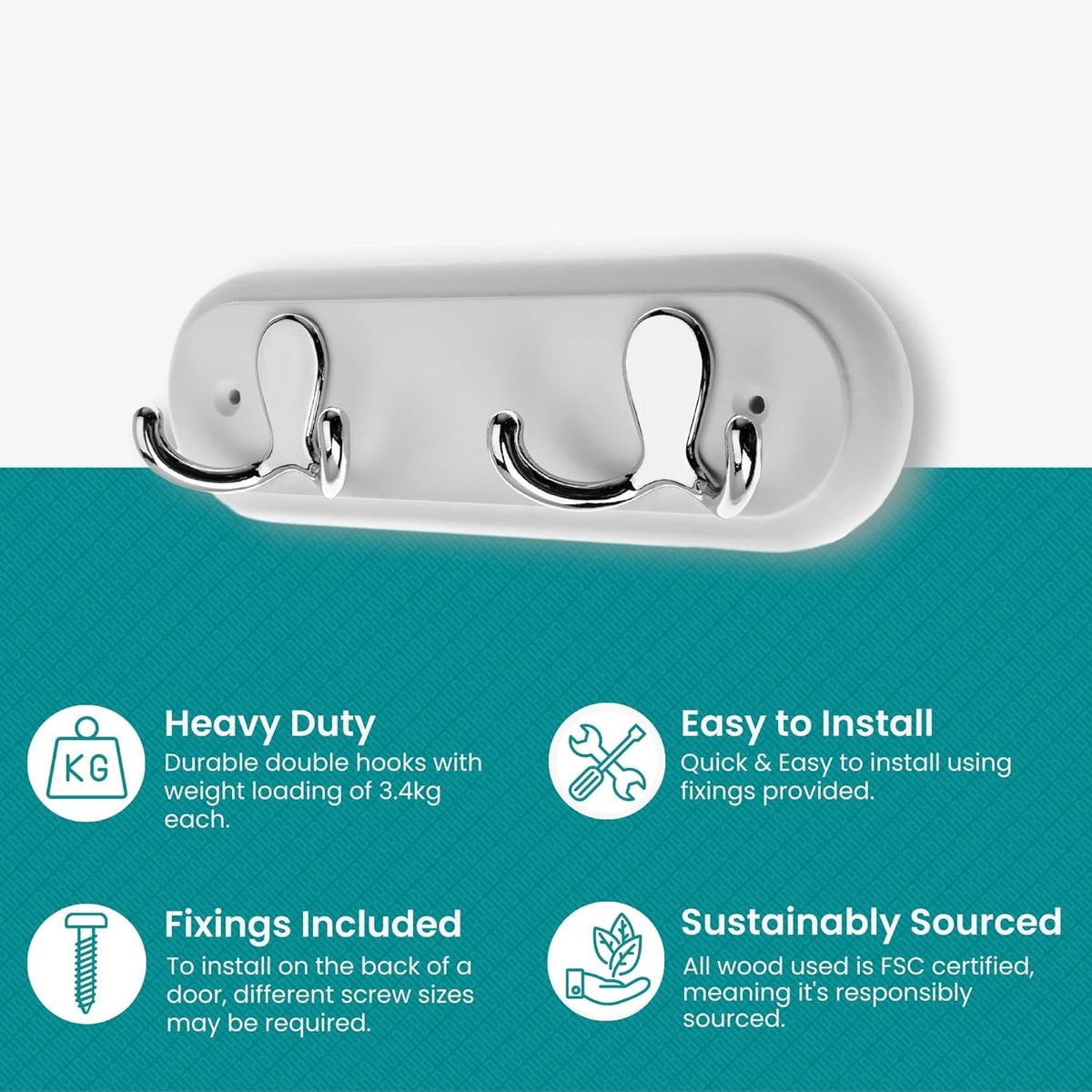 Bluecanyon Wall Mounted Dual Hooks with Chrome Finish White 22.5cm x 7cm x 1.5cm HK2010-2 | Bristol Polished | Heavy Duty Metal Hook Rack |For Bathroom-Hallway or Bedroom