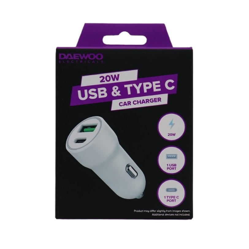 Daewoo 20W USB and Type C Car Charger White ELA1411 | 1 USB Port | 1 Type C Port | Smart IC | Short Circuit Protection