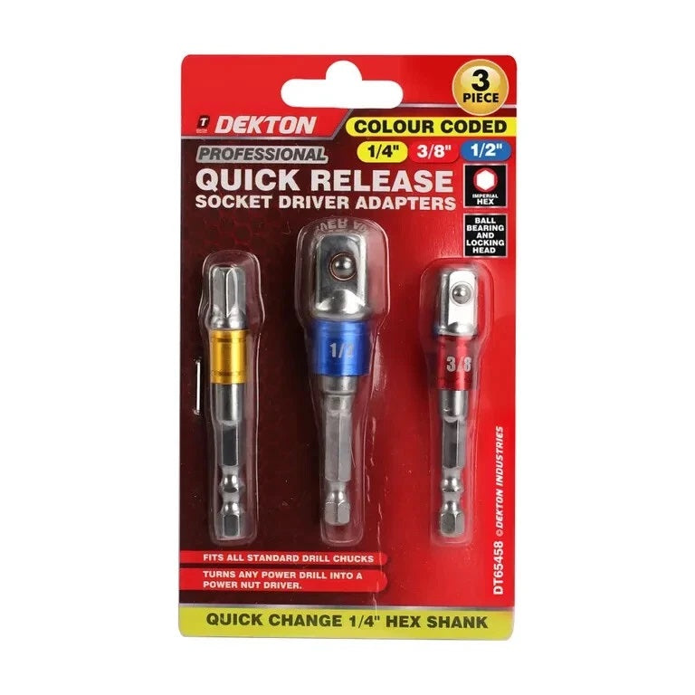 Dekton Quick Release Socket Driver Adaptors Assorted 3-Piece DT65458 | Fits All Standard Drill Chucks | Turns any Power Drill Into a Power Nut Driver | Ball Bearing and Locking Head
