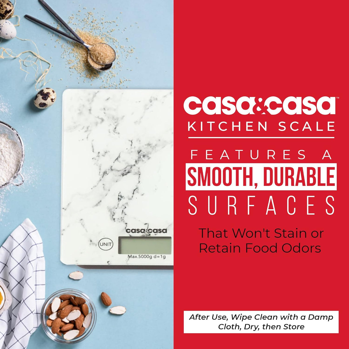 Casa and Casa Marble Design Electronic Kitchen Scale White 16.5cm x 21.5cm x 1.7cm 16320 | Digital Food Scale | With Tare Function | Easy Read LCD Display | Compact and Convenient | 5000g Capacity | Hygienic and Easy Clean | CR2032 Battery Included