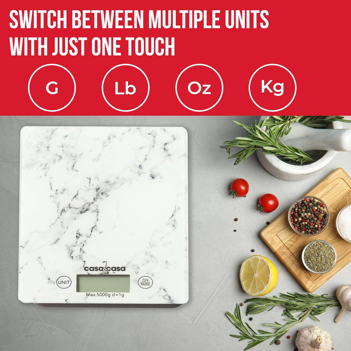 Casa and Casa Marble Design Electronic Kitchen Scale White 16.5cm x 21.5cm x 1.7cm 16320 | Digital Food Scale | With Tare Function | Easy Read LCD Display | Compact and Convenient | 5000g Capacity | Hygienic and Easy Clean | CR2032 Battery Included