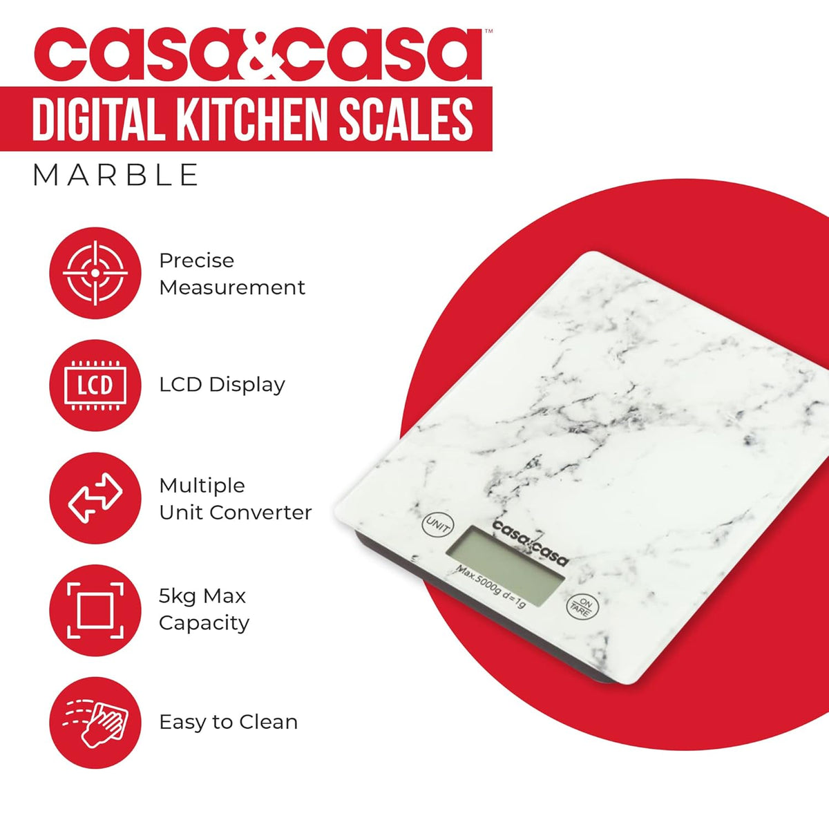 Casa and Casa Marble Design Electronic Kitchen Scale White 16.5cm x 21.5cm x 1.7cm 16320 | Digital Food Scale | With Tare Function | Easy Read LCD Display | Compact and Convenient | 5000g Capacity | Hygienic and Easy Clean | CR2032 Battery Included