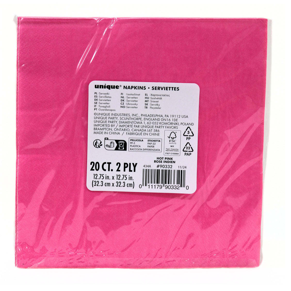 Unique Party 2 Ply Lunch Napkins Hot Pink 32.3cm x 32.3cm Pack of 20 90332