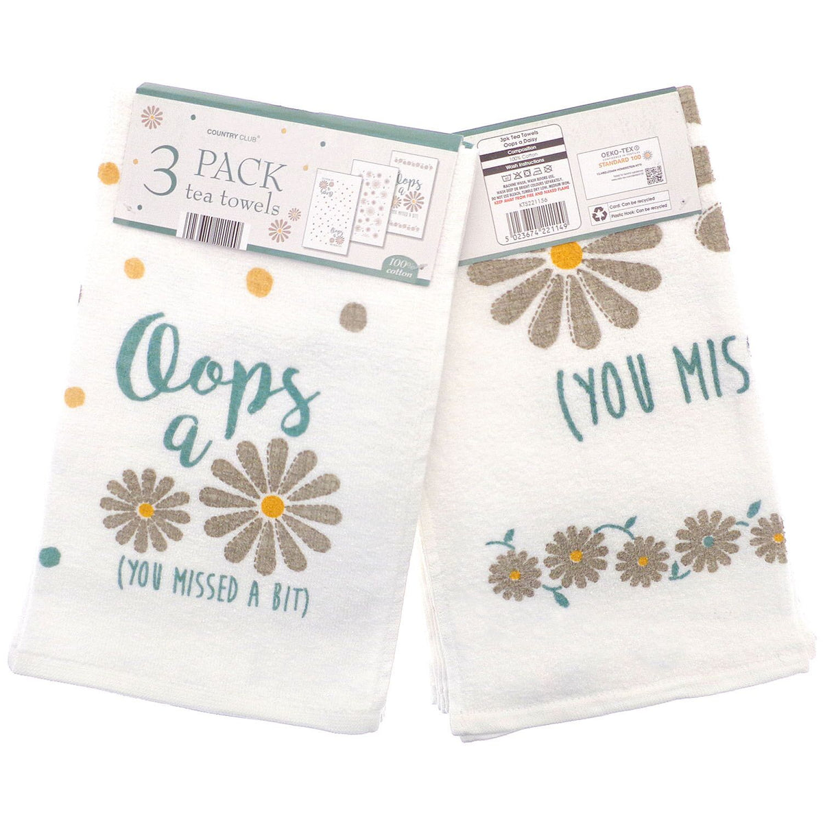 Country Club Tea Towels Multicoloured Pack of 3 KTS221156 | With Oops a Daisy Design | 100 Percent Cotton | Absorbent and Durable | Ideal for Drying and Cleaning