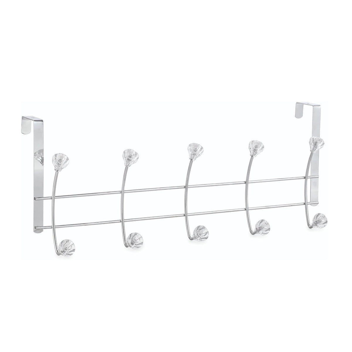 Blue Canyon Chrome Finish Diamond Over Door 5 Hook Silver 19.5cm x 6cm x 48.5cm HK3235-5 | With Crystal Effect Knobs | Space-Saving Door Hanger Rack | Stylish and Durable | Fits Most Standard Doors | Keeps Room Clutter Free