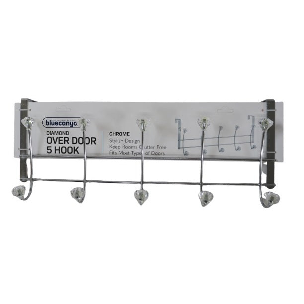 Blue Canyon Chrome Finish Diamond Over Door 5 Hook Silver 19.5cm x 6cm x 48.5cm HK3235-5 | With Crystal Effect Knobs | Space-Saving Door Hanger Rack | Stylish and Durable | Fits Most Standard Doors | Keeps Room Clutter Free