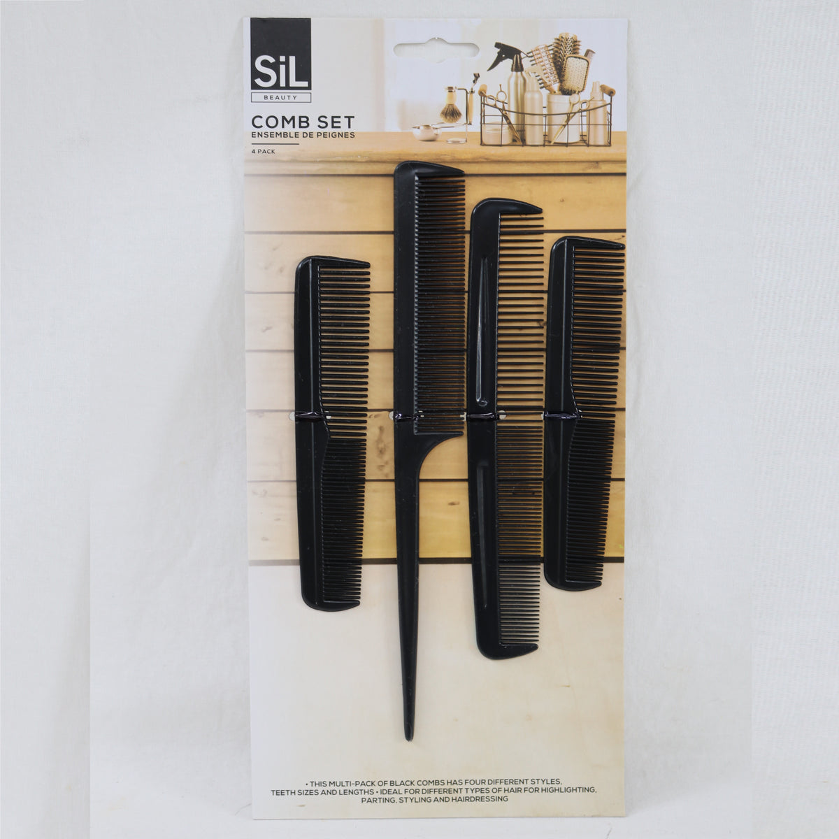 SiL Beauty Styling Comb Set Black Pack of 4 26cm x 6cm BE0032 | Black Hair Combs for Styling and Hairdressing | Assorted Teeth Sizes and Styles | Ideal for All Hair Types