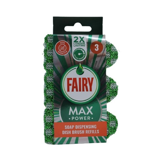 Addis Fairy Max Power Soap Dispensing Dish Brush Refills Green Pack of 3 519862 | Non-Scratch Cleaning Heads | 2X Longer Lasting | Next Level Performance | Ergonomic Handle | For Head to Head Reach