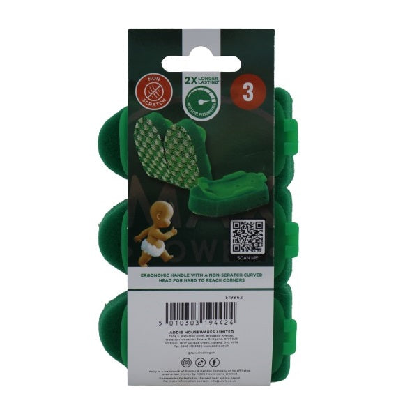 Addis Fairy Max Power Soap Dispensing Dish Brush Refills Green Pack of 3 519862 | Non-Scratch Cleaning Heads | 2X Longer Lasting | Next Level Performance | Ergonomic Handle | For Head to Head Reach