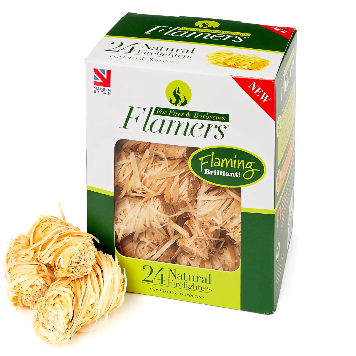 Flamers Firelighters Natural Pack of 24 FLAMERS24-576 | For Fires and Barbecues | Made from Natural - Renewable - Untreated Wood Shavings Dipped in Wax | Long Burn | Odourless | Easy to Light | Clean and Convenient | Great for Wood Burning stoves - Open Fires - Pizza Ovens - Charcoal Barbecues - Chimeneas and Camp Fires